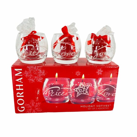 Gorham Crystal Holiday Votives Set of 3 Assorted Peace Love Joy NIB with Candles - Picture 1 of 4
